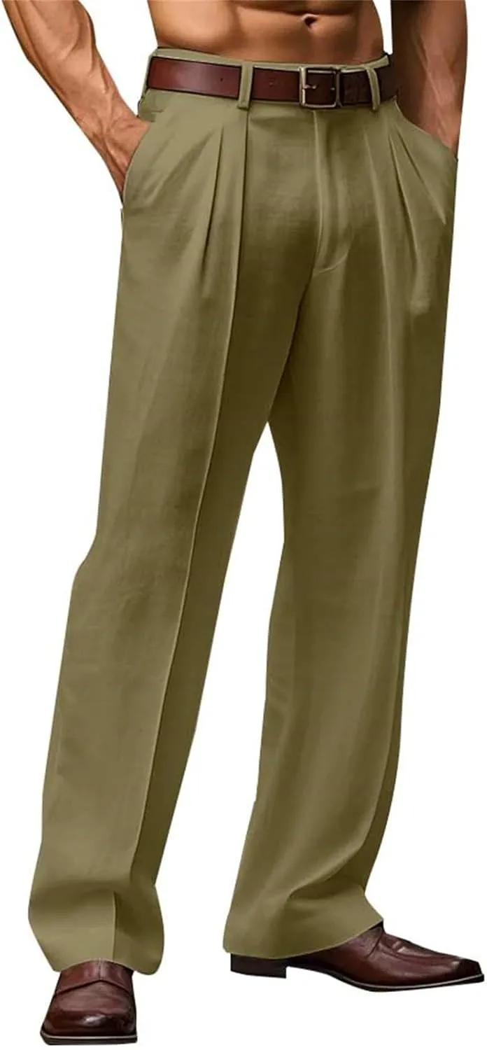 Men Dress Pants Cotton Linen Pleated Work Lounge Trouser Plus Size Lightweight Summer Straight Leg Slacks with Pocket