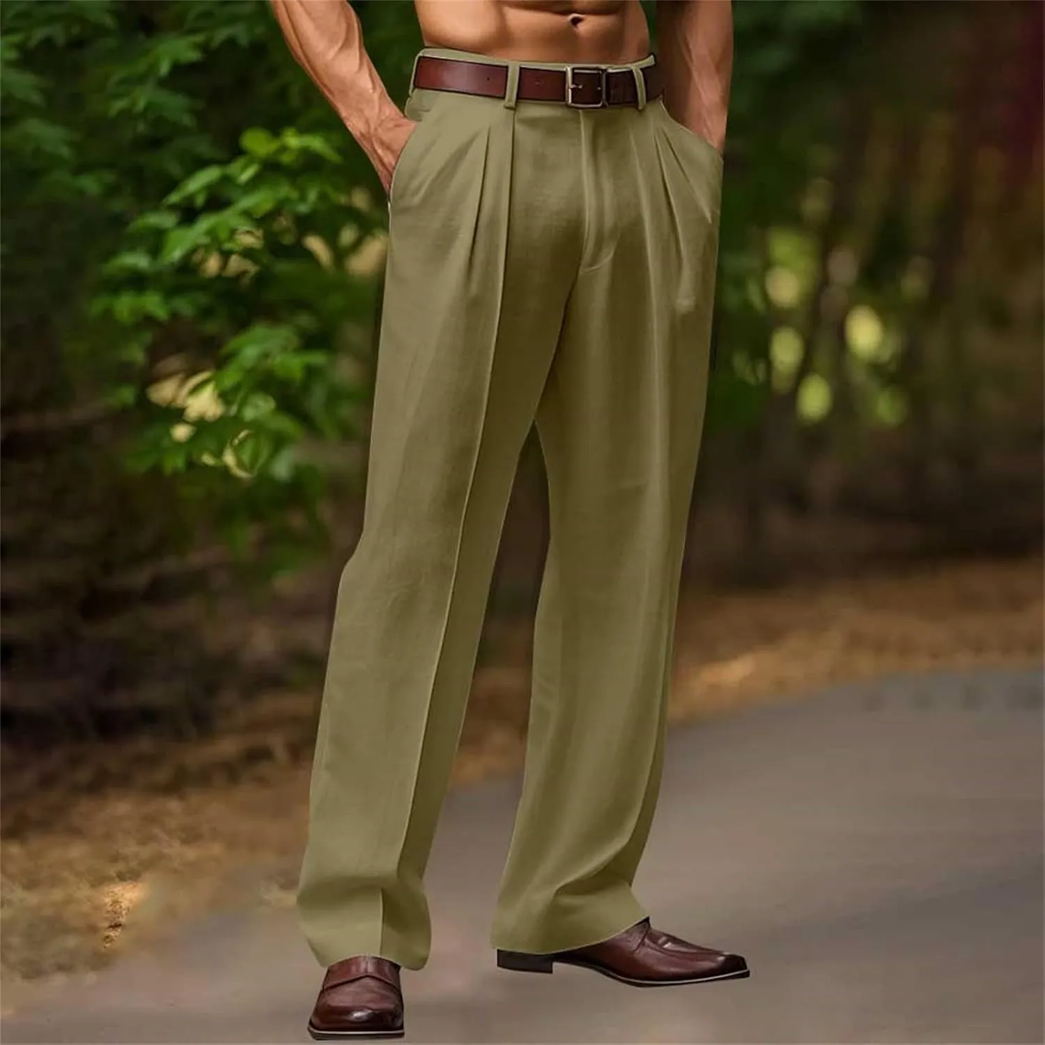 Men Dress Pants Cotton Linen Pleated Work Lounge Trouser Plus Size Lightweight Summer Straight Leg Slacks with Pocket