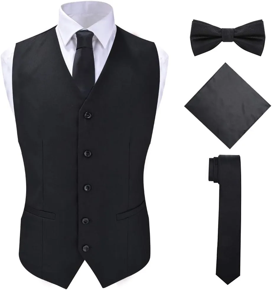 Men's 4pc Classic Jacquard Suit Vests with Tuxedo Necktie Handkerchief Bowtie Set