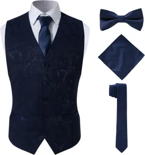 Men's 4pc Classic Jacquard Suit Vests with Tuxedo Necktie Handkerchief Bowtie Set
