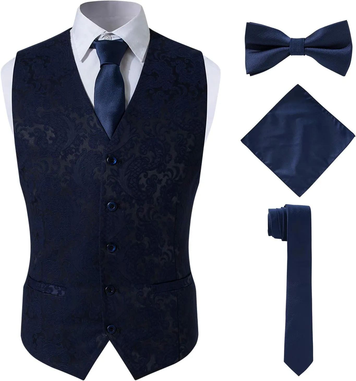 Men's 4pc Classic Jacquard Suit Vests with Tuxedo Necktie Handkerchief Bowtie Set