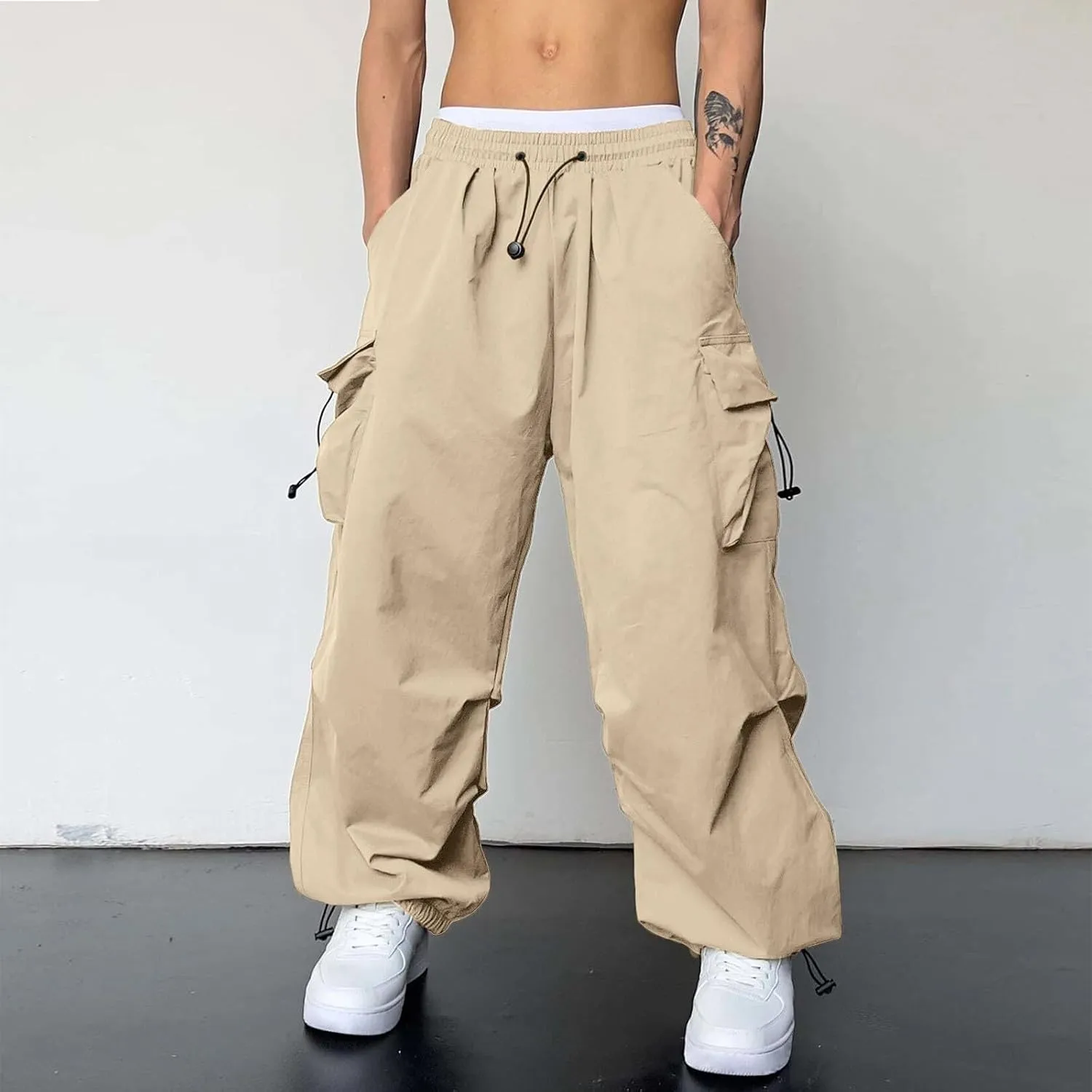 Men's Baggy Cargo Pants Casual Parachute Cargo Pants Stretch Loose Fit Joggers Multi Pockets
