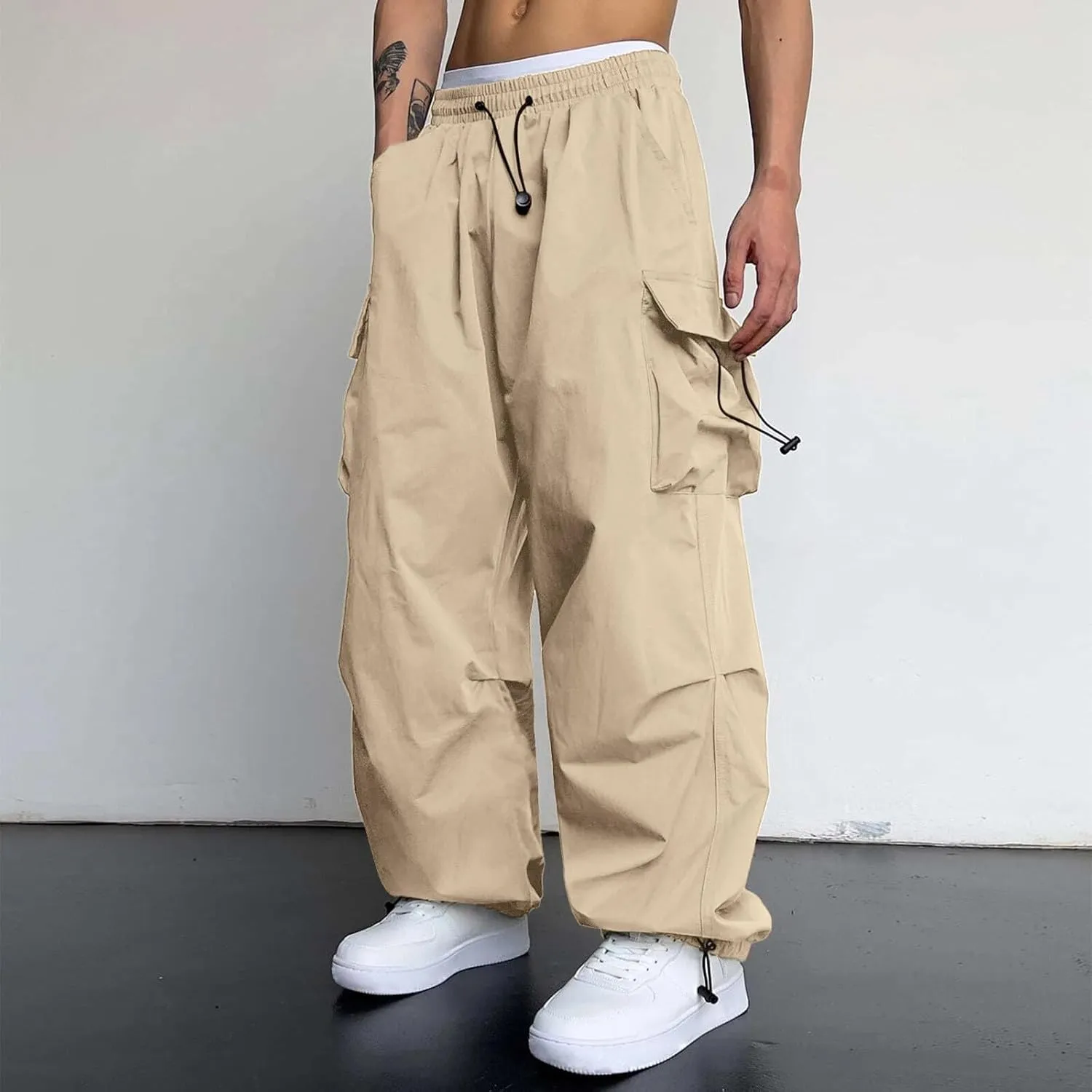 Men's Baggy Cargo Pants Casual Parachute Cargo Pants Stretch Loose Fit Joggers Multi Pockets