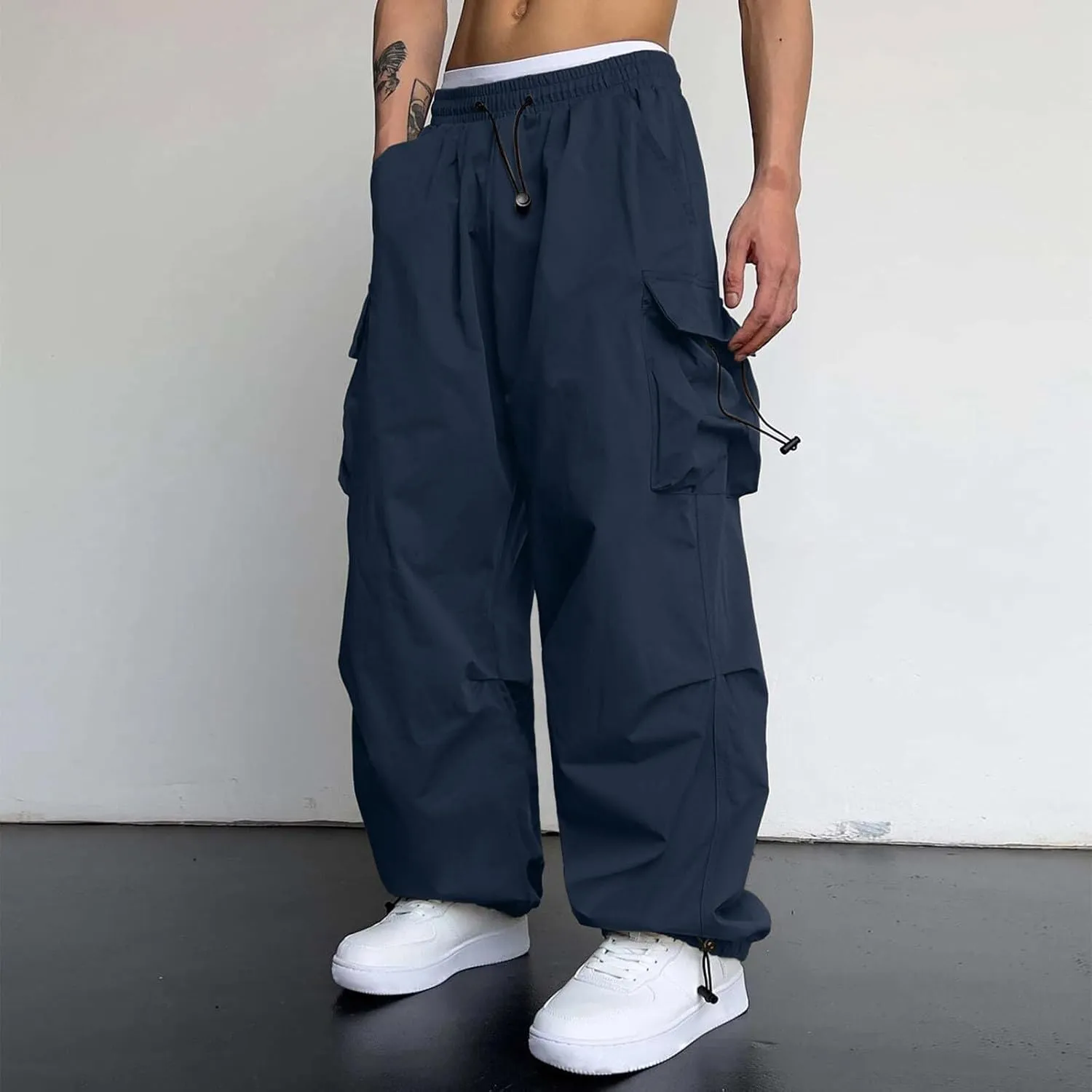 Men's Baggy Cargo Pants Casual Parachute Cargo Pants Stretch Loose Fit Joggers Multi Pockets