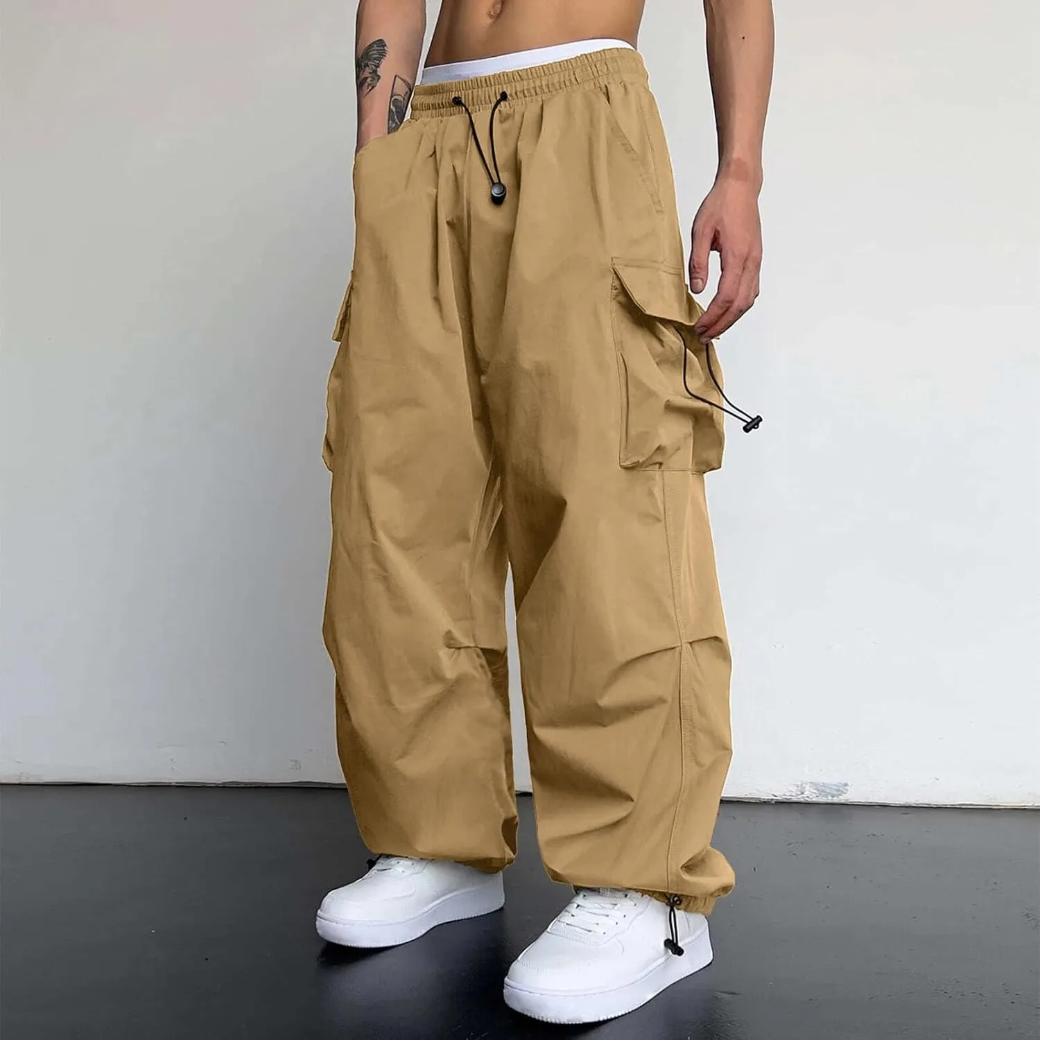 Men's Baggy Cargo Pants Casual Parachute Cargo Pants Stretch Loose Fit Joggers Multi Pockets