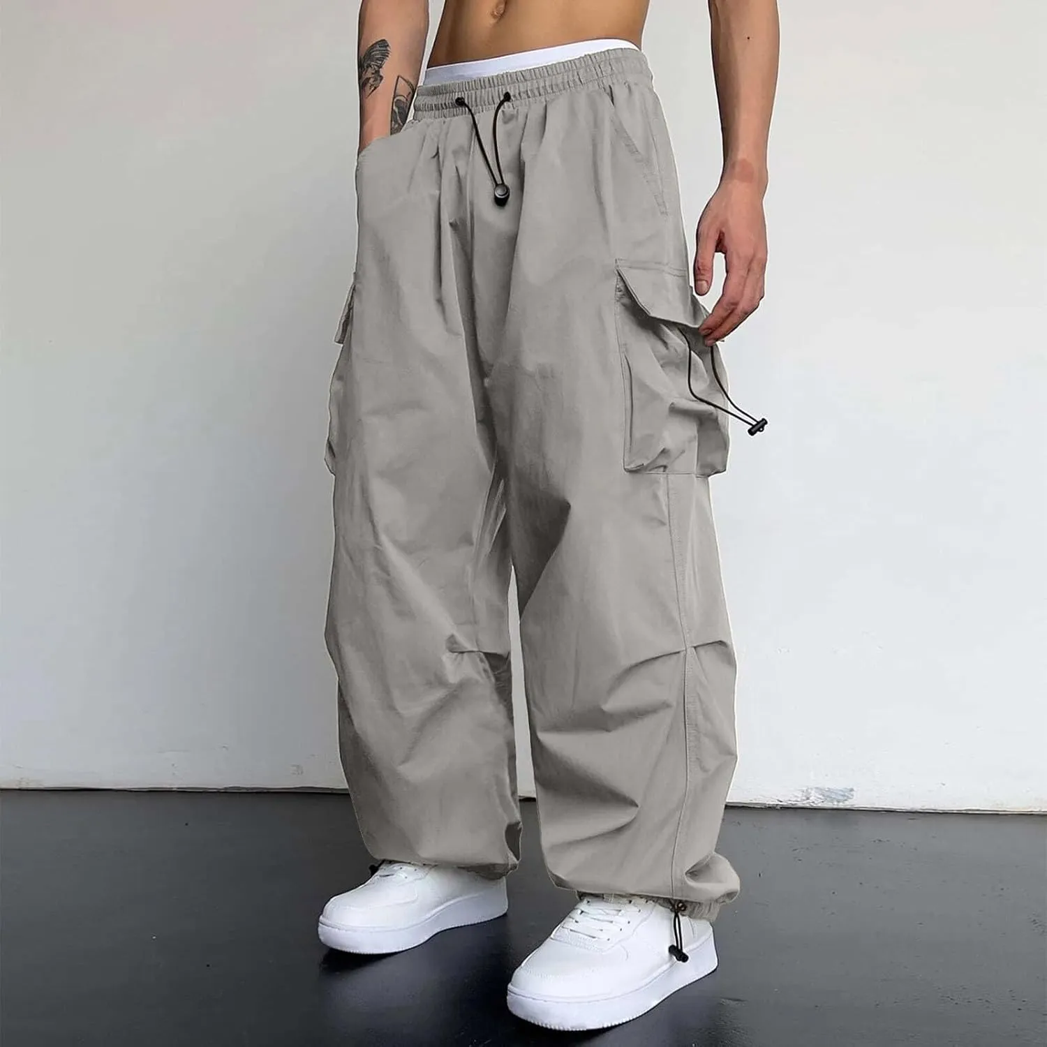 Mens Cargo Pants Loose Fit Casual Joggers Drawstring Waist Cargo Chino Pant with Pockets
