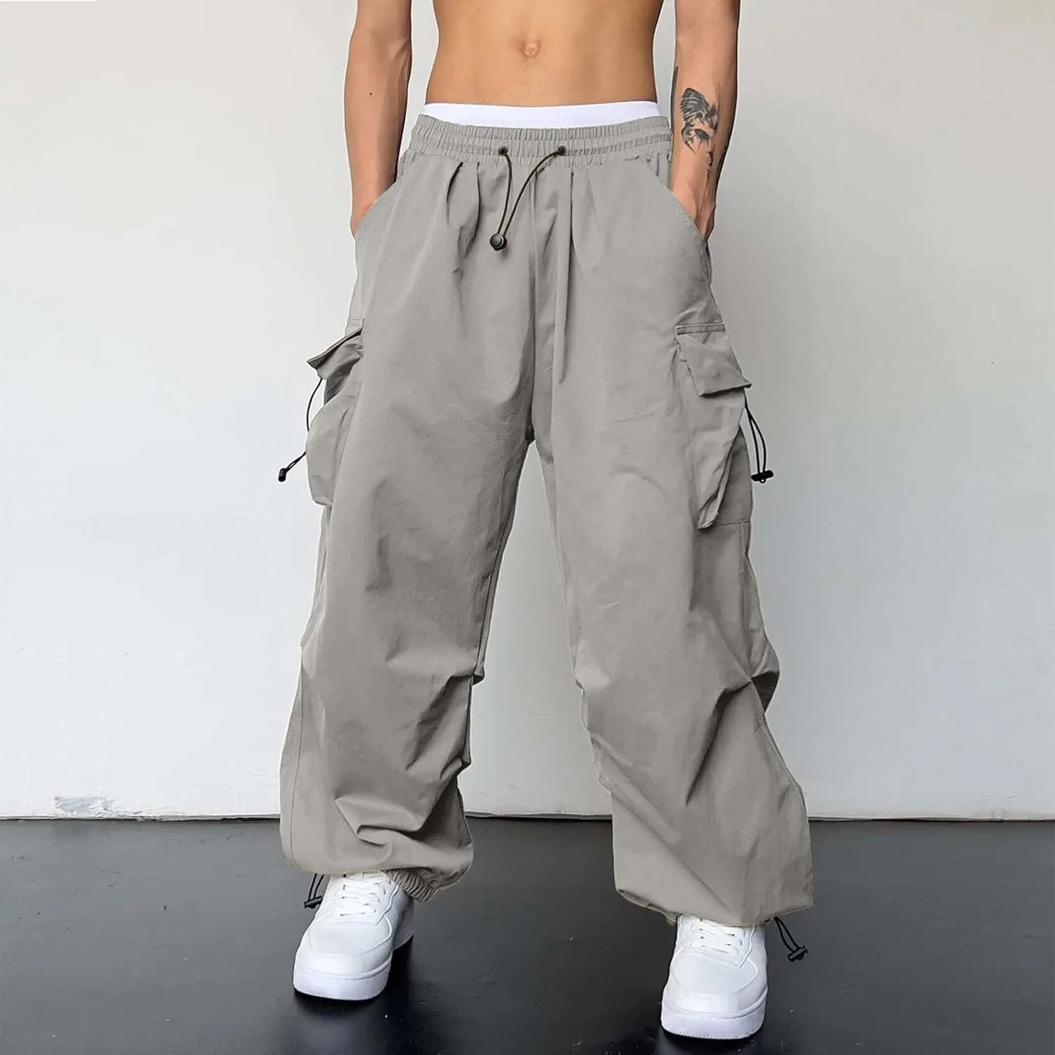Mens Cargo Pants Loose Fit Casual Joggers Drawstring Waist Cargo Chino Pant with Pockets