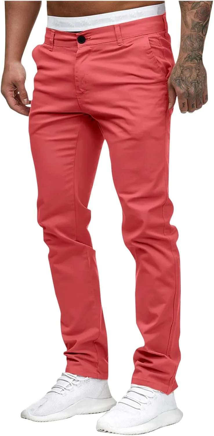 Mens Casual Outdoor Pants Lightweight Cotton Twill Elastic Waist Tapered Joggers Chino Pants with Pockets