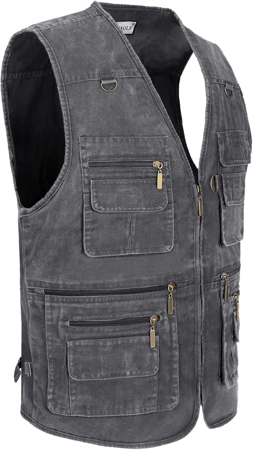 Men's Fishing Vest Stone Washed Denim Multi Pockets Outdoor Casual Work Utility Travel Photo Hunting Cargo Vests