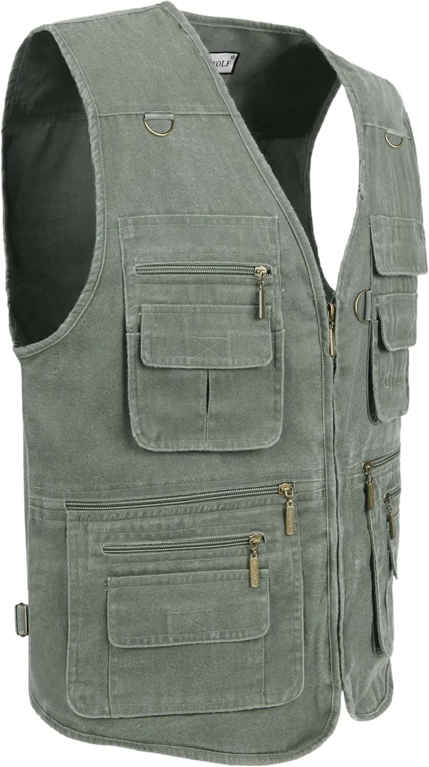 Men's Fishing Vest Stone Washed Denim Multi Pockets Outdoor Casual Work Utility Travel Photo Hunting Cargo Vests