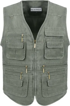 Men's Fishing Vest Stone Washed Denim Multi Pockets Outdoor Casual Work Utility Travel Photo Hunting Cargo Vests