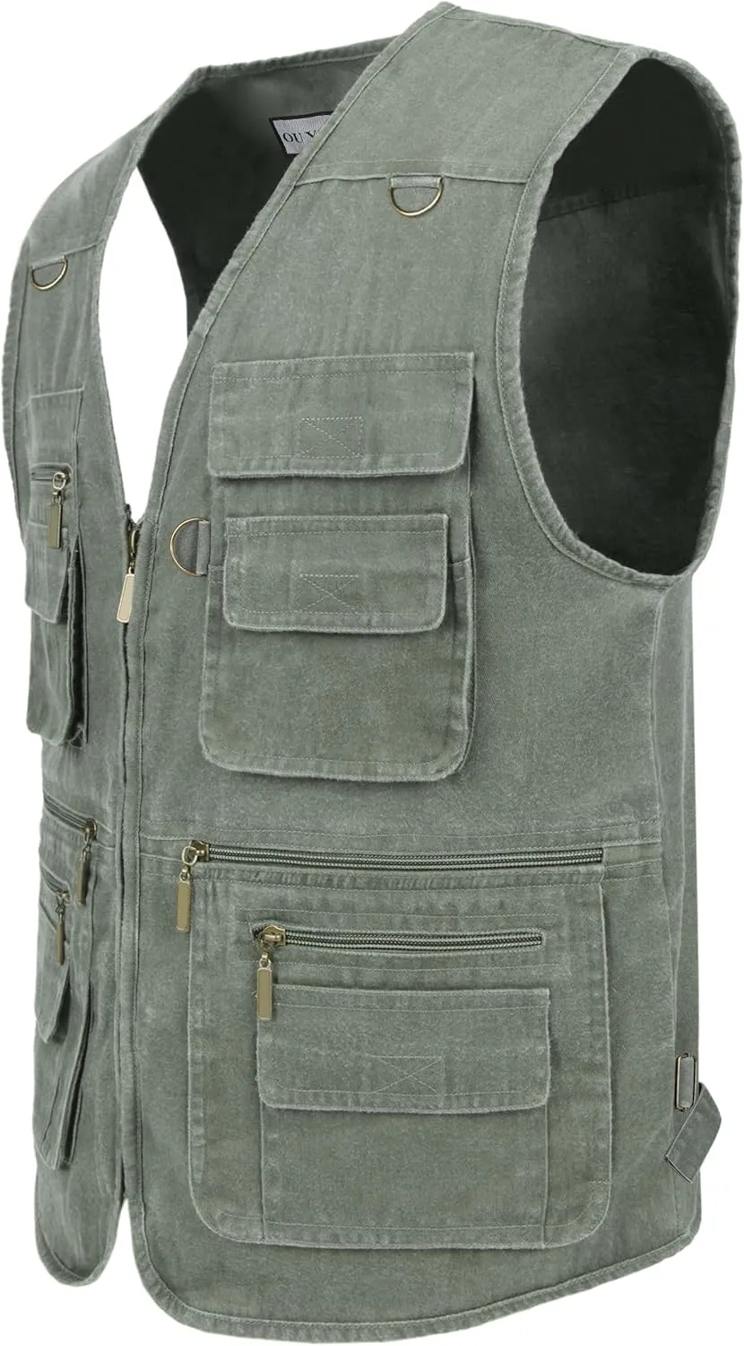 Men's Fishing Vest Stone Washed Denim Multi Pockets Outdoor Casual Work Utility Travel Photo Hunting Cargo Vests