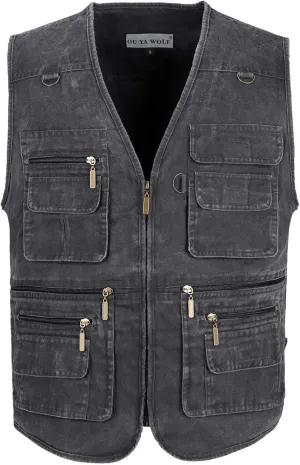 Men's Fishing Vest Stone Washed Denim Multi Pockets Outdoor Casual Work Utility Travel Photo Hunting Cargo Vests