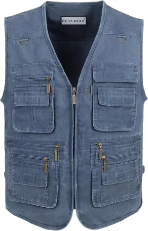 Men's Fishing Vest Stone Washed Denim Multi Pockets Outdoor Casual Work Utility Travel Photo Hunting Cargo Vests