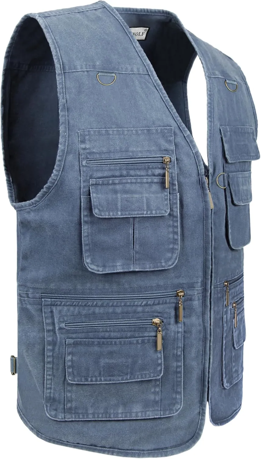 Men's Fishing Vest Stone Washed Denim Multi Pockets Outdoor Casual Work Utility Travel Photo Hunting Cargo Vests