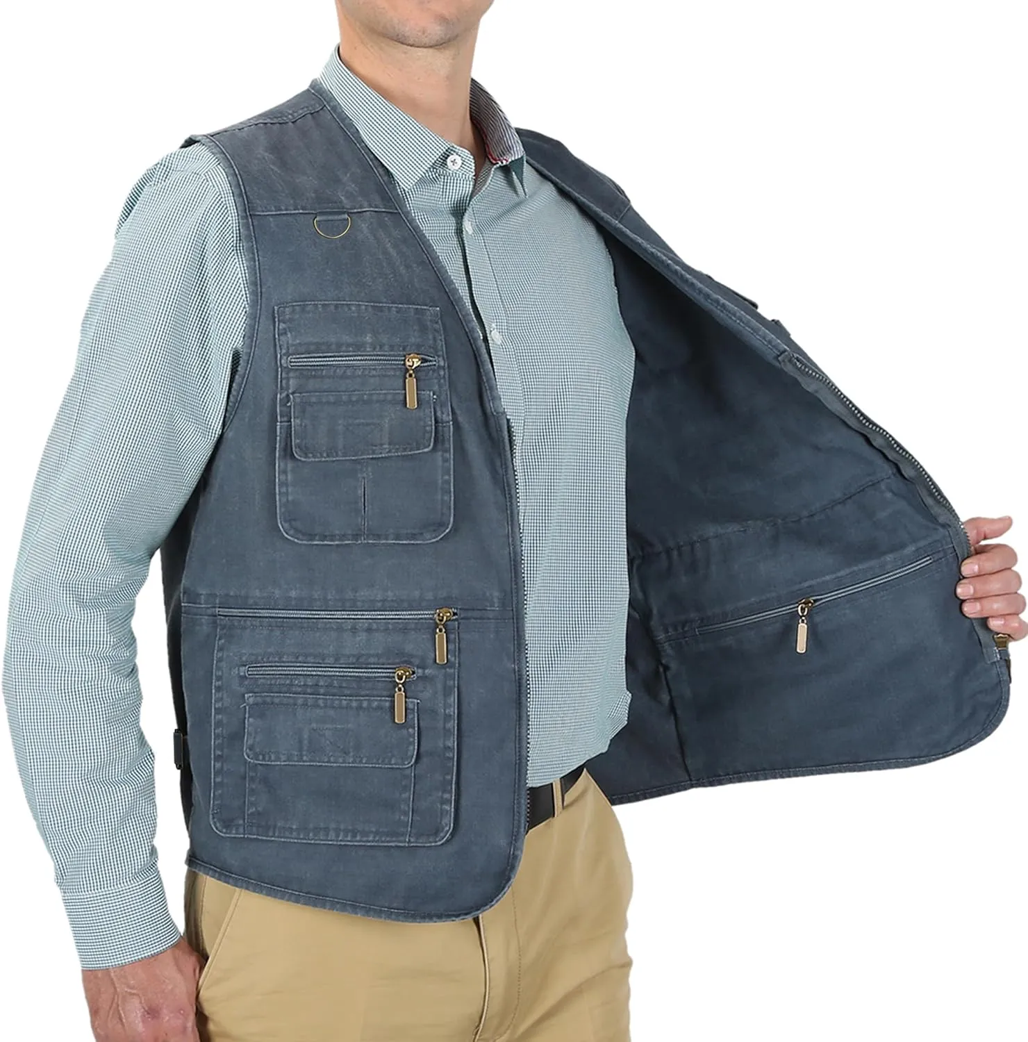 Men's Fishing Vest Stone Washed Denim Multi Pockets Outdoor Casual Work Utility Travel Photo Hunting Cargo Vests