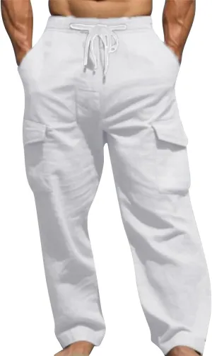 Men's Linen Cargo Pants Solid Casual Lightweight Pant with Multi Pockets Plus Size Drawstring Holiday Streetwear Big and Tall