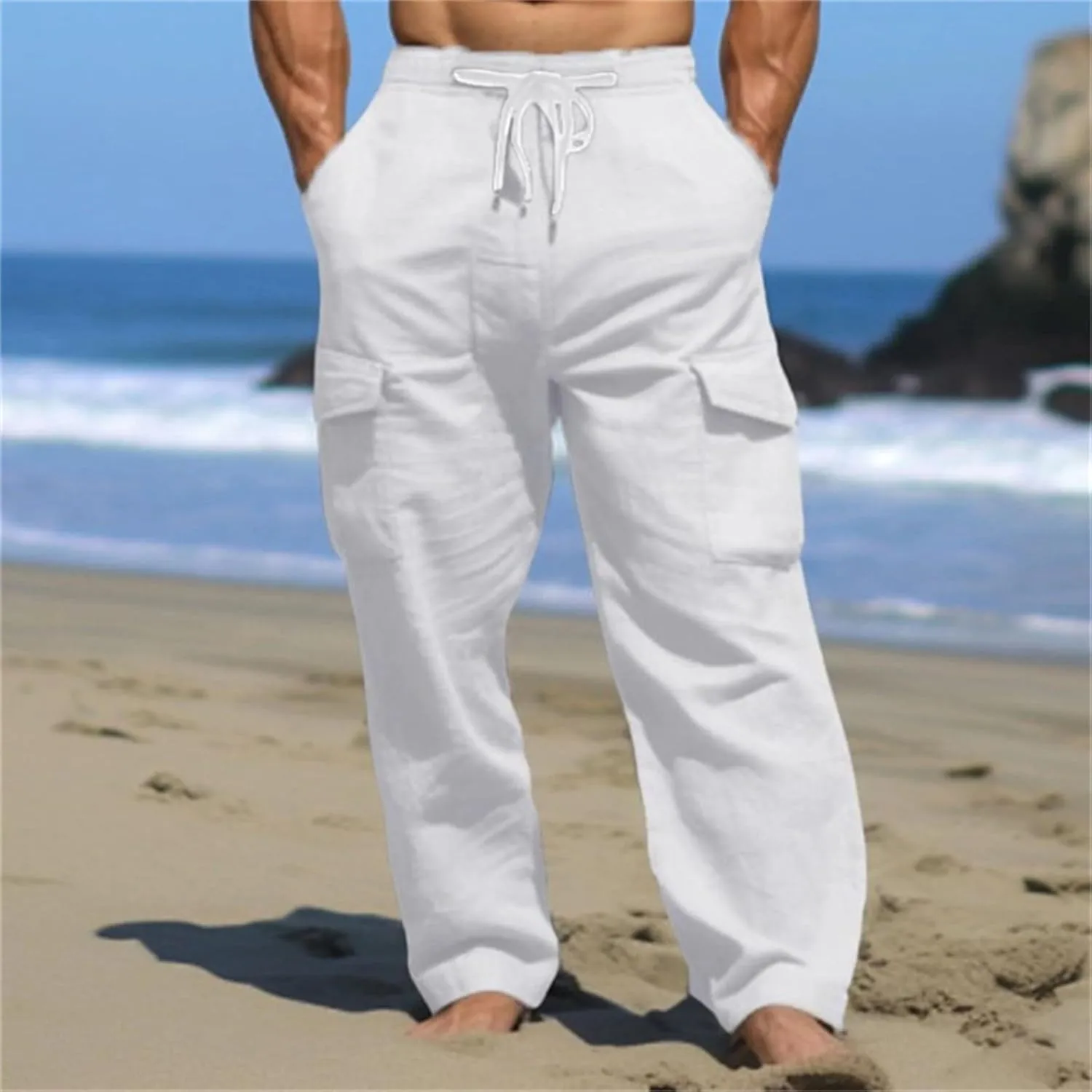 Men's Linen Cargo Pants Solid Casual Lightweight Pant with Multi Pockets Plus Size Drawstring Holiday Streetwear Big and Tall