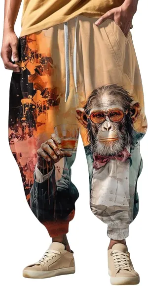 Men's Linen Harem Drawstring Pants Men's Autumn Fun Print Fashion Street Feel Casual Hiking Outdoor Twill Track