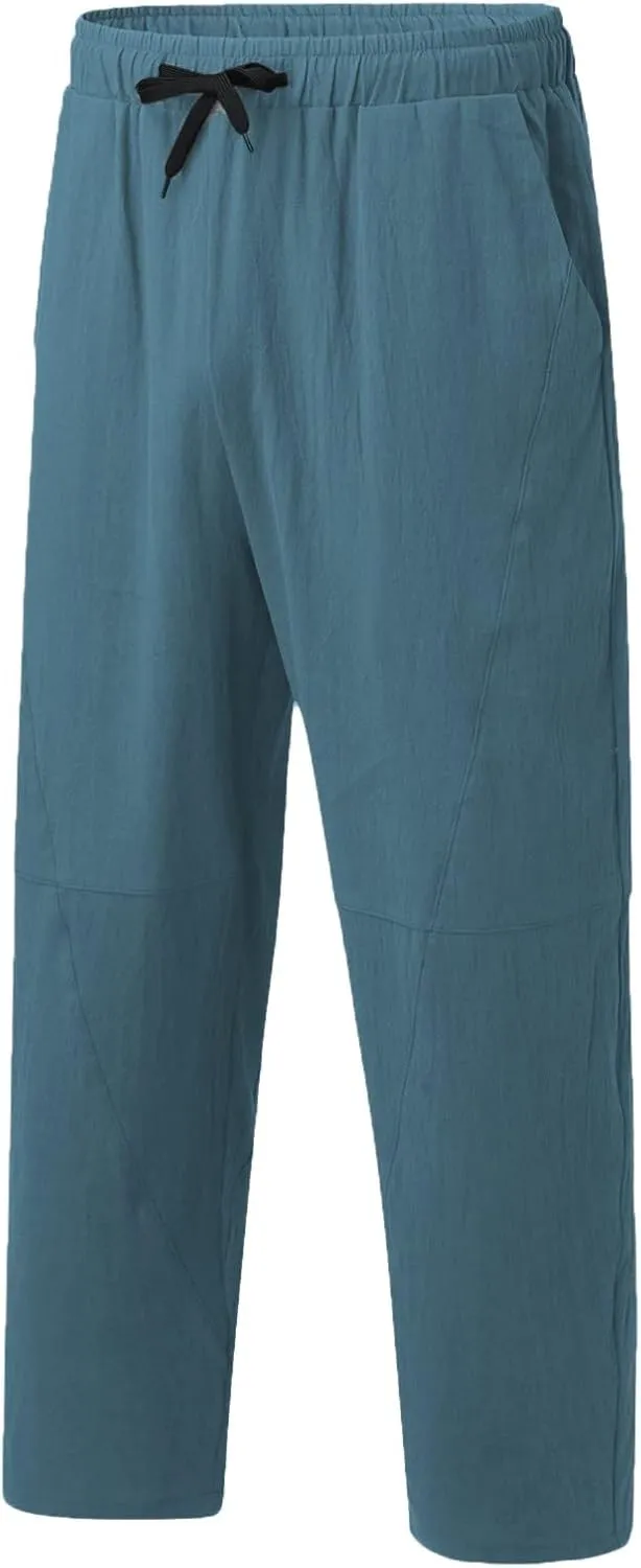 Men's Linen Pants Loose Fit Casual Lightweight Wide Leg Breathable Drawstring Waist Baggy Joggers Trousers