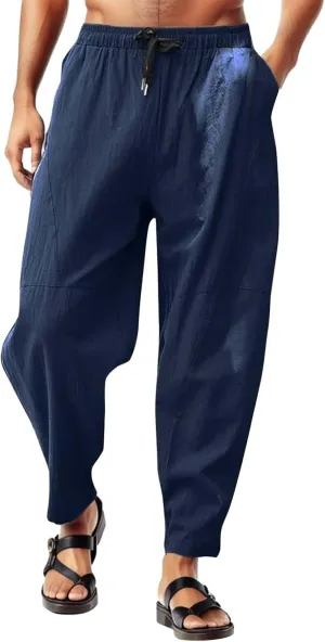 Men's Linen Pants Loose Fit Casual Lightweight Wide Leg Breathable Drawstring Waist Baggy Joggers Trousers