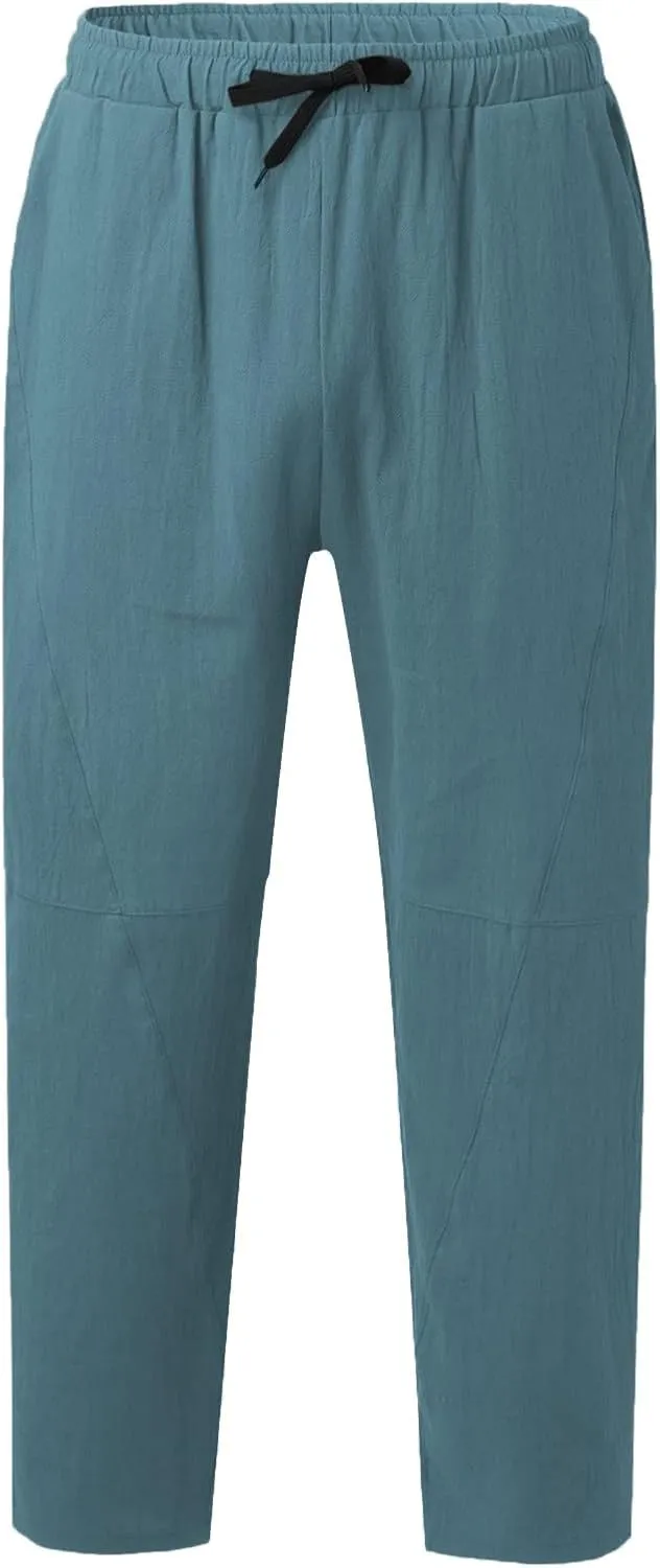 Men's Linen Pants Loose Fit Casual Lightweight Wide Leg Breathable Drawstring Waist Baggy Joggers Trousers