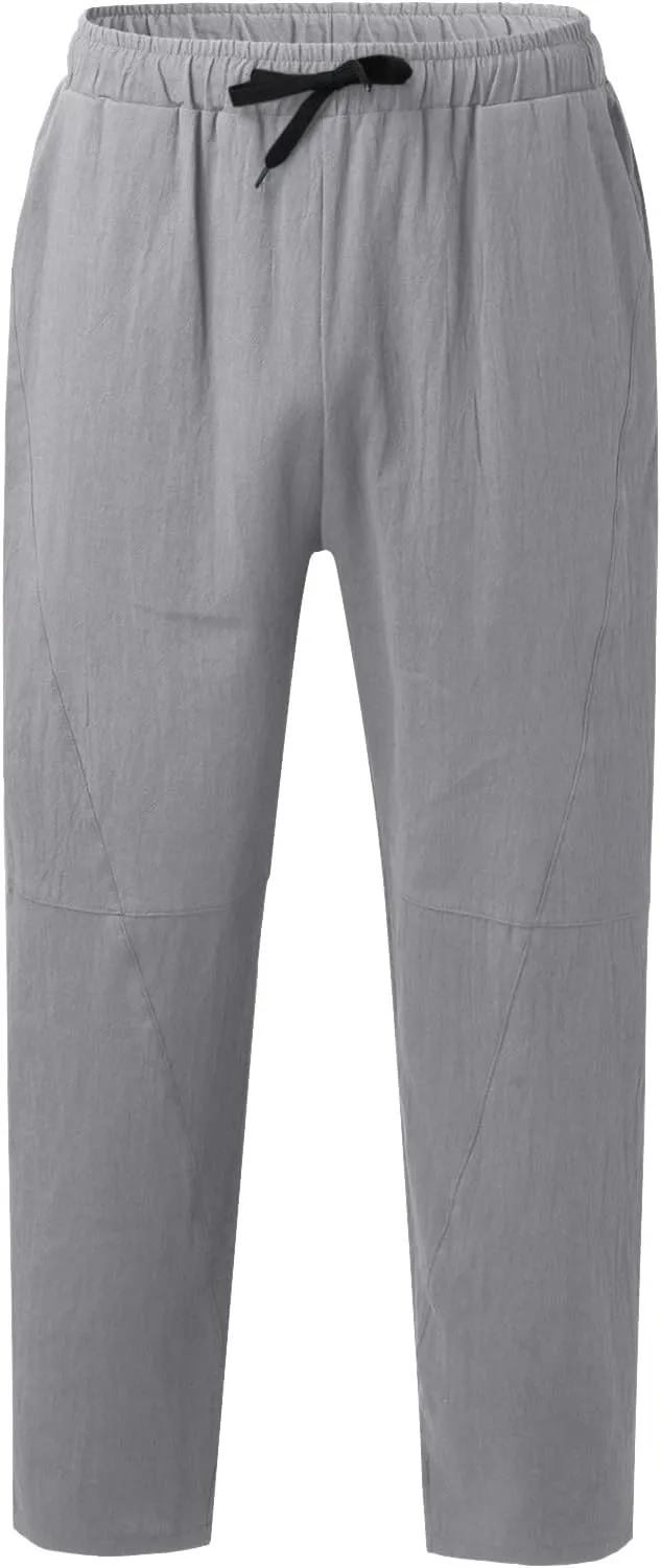 Men's Linen Pants Loose Fit Casual Lightweight Wide Leg Breathable Drawstring Waist Baggy Joggers Trousers
