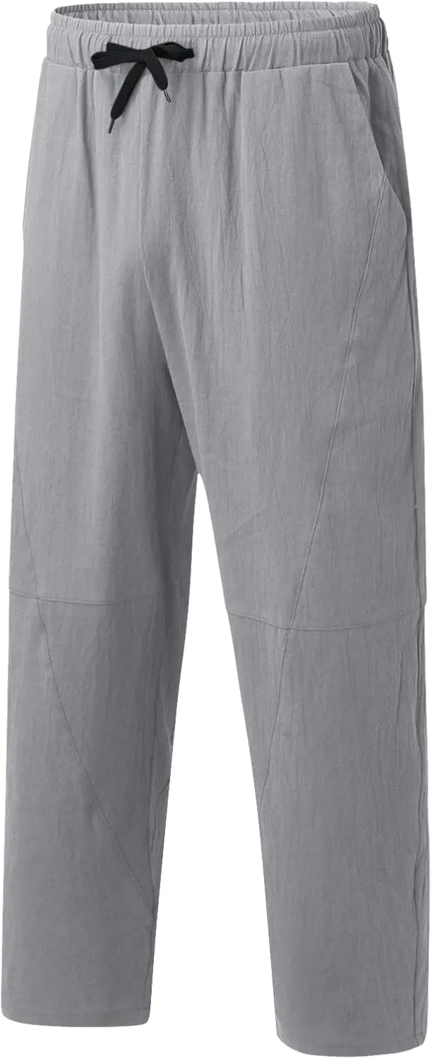 Men's Linen Pants Loose Fit Casual Lightweight Wide Leg Breathable Drawstring Waist Baggy Joggers Trousers