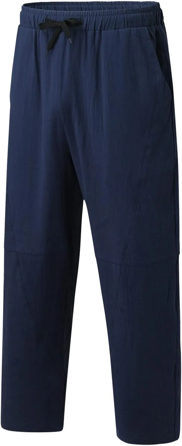 Men's Linen Pants Loose Fit Casual Lightweight Wide Leg Breathable Drawstring Waist Baggy Joggers Trousers