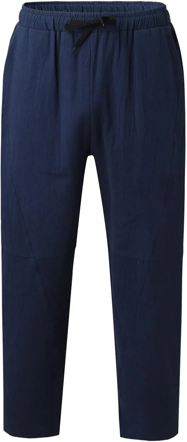 Men's Linen Pants Loose Fit Casual Lightweight Wide Leg Breathable Drawstring Waist Baggy Joggers Trousers