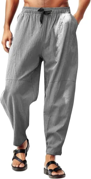 Men's Linen Pants Loose Fit Casual Lightweight Wide Leg Breathable Drawstring Waist Baggy Joggers Trousers