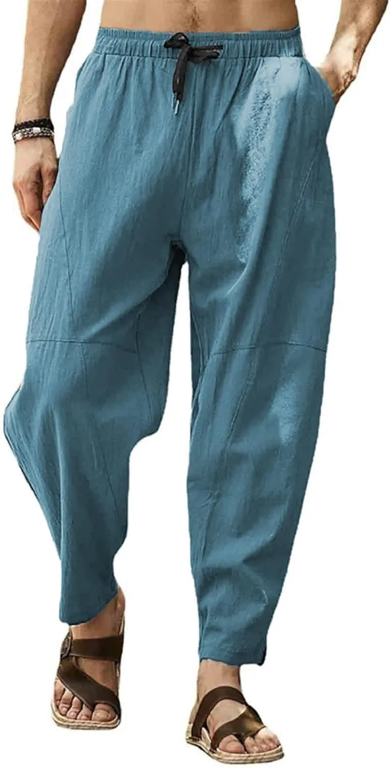 Men's Linen Pants Loose Fit Casual Lightweight Wide Leg Breathable Drawstring Waist Baggy Joggers Trousers
