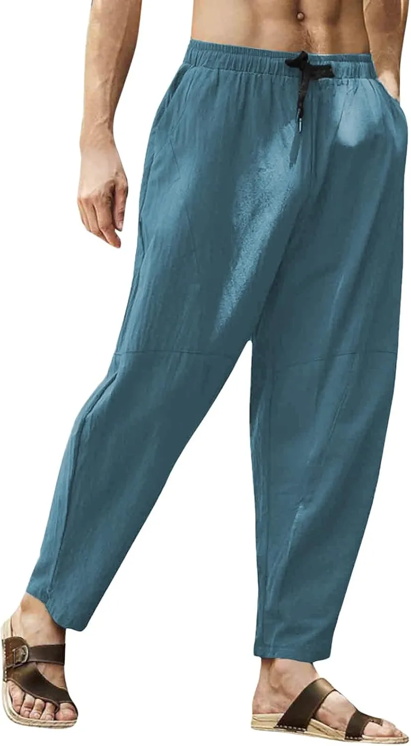 Men's Linen Pants Loose Fit Casual Lightweight Wide Leg Breathable Drawstring Waist Baggy Joggers Trousers