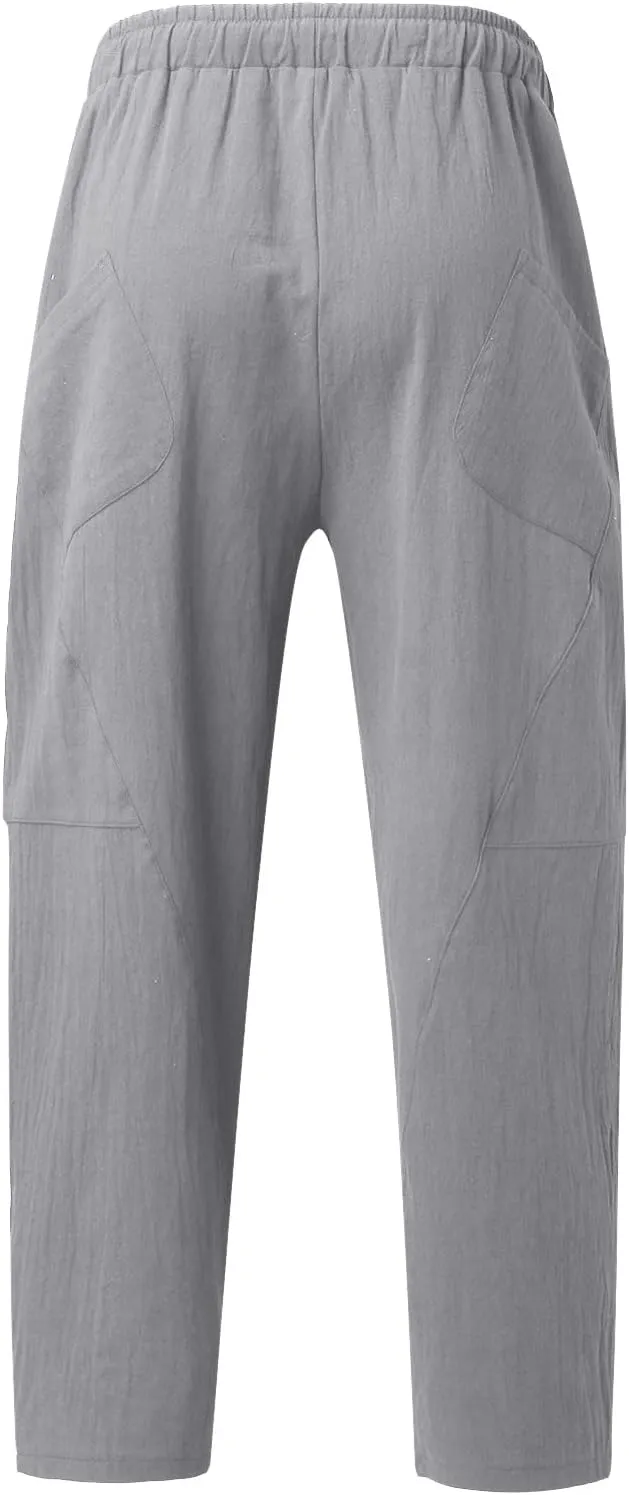 Men's Linen Pants Loose Fit Casual Lightweight Wide Leg Breathable Drawstring Waist Baggy Joggers Trousers