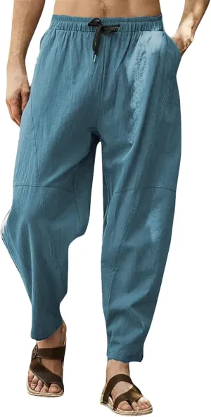 Men's Linen Pants Loose Fit Casual Lightweight Wide Leg Breathable Drawstring Waist Baggy Joggers Trousers