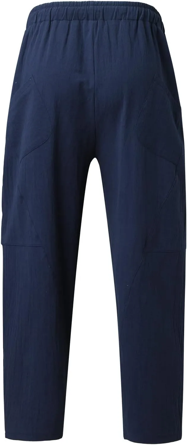 Men's Linen Pants Loose Fit Casual Lightweight Wide Leg Breathable Drawstring Waist Baggy Joggers Trousers