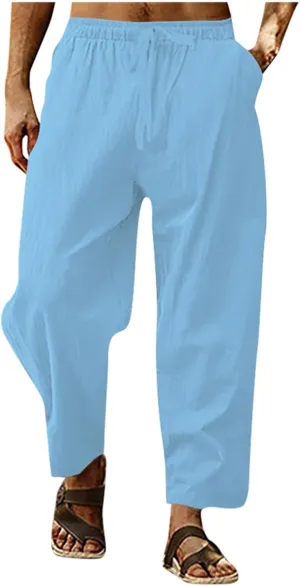 Mens Pants Casual Stretch Golf Pants Drawstring Lightweight Trousers Elastic Waist Lounge Pants with Pockets