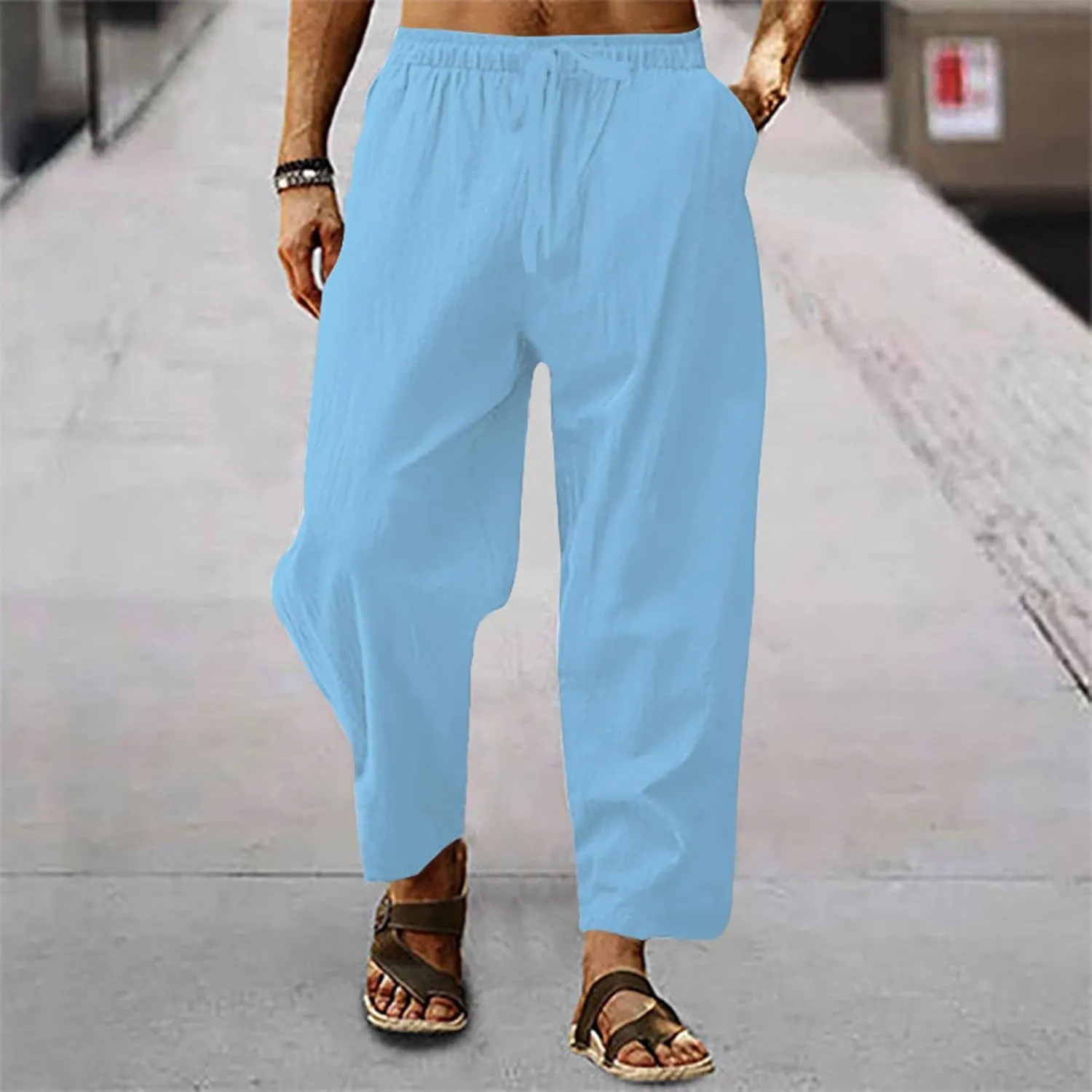 Mens Pants Casual Stretch Golf Pants Drawstring Lightweight Trousers Elastic Waist Lounge Pants with Pockets