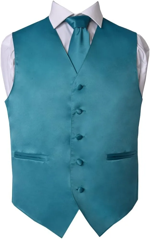Men's Premium Solid Vest - Necktie  Bow Tie - Pocket Square 4 Piece Set for Suits & Tuxedos