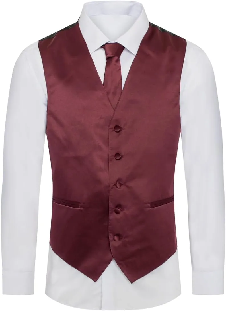 Men's Premium Solid Vest - Necktie  Bow Tie - Pocket Square 4 Piece Set for Suits & Tuxedos