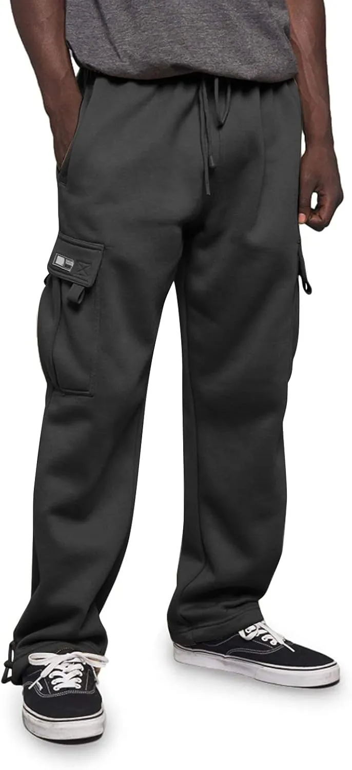 Men's Rope Loosening Waist Solid Color Cargo Pants Loose Sports Trousers with Pockets Hiking Joggers Gym Sweatpant