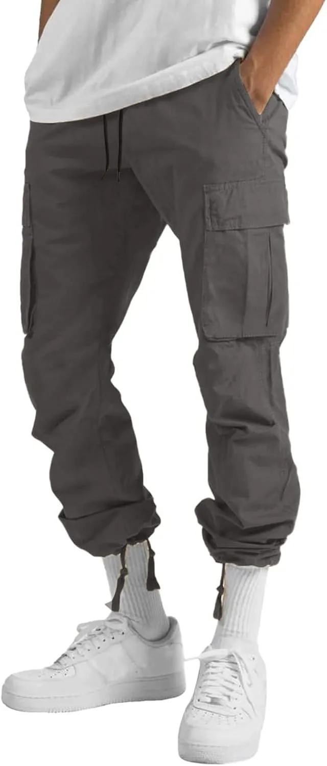 Mens Solid Cargo Pants Solid Color Multi Pockets Straight Leg Trousers Sports Overalls Drawstring Hiking Joggers