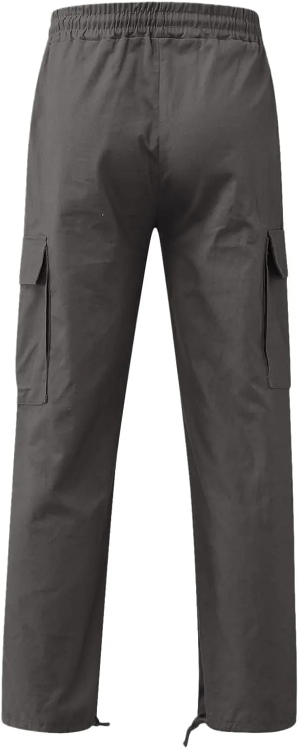 Mens Solid Cargo Pants Solid Color Multi Pockets Straight Leg Trousers Sports Overalls Drawstring Hiking Joggers