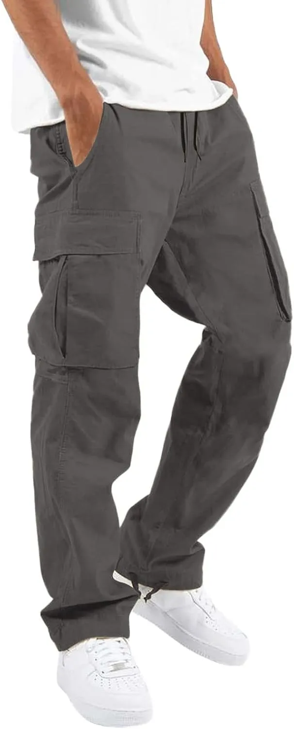 Mens Solid Cargo Pants Solid Color Multi Pockets Straight Leg Trousers Sports Overalls Drawstring Hiking Joggers