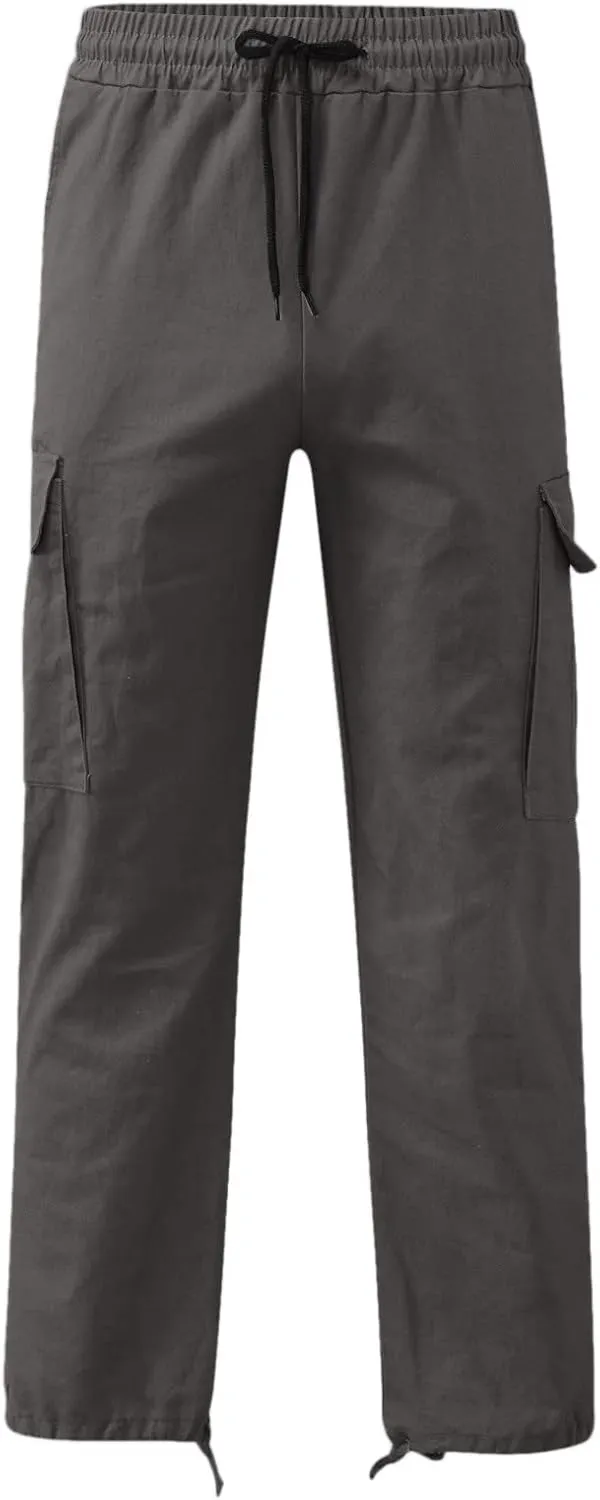 Mens Solid Cargo Pants Solid Color Multi Pockets Straight Leg Trousers Sports Overalls Drawstring Hiking Joggers
