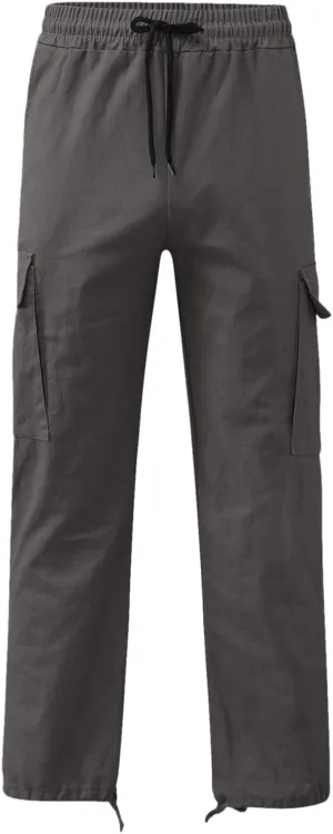 Mens Solid Cargo Pants Solid Color Multi Pockets Straight Leg Trousers Sports Overalls Drawstring Hiking Joggers