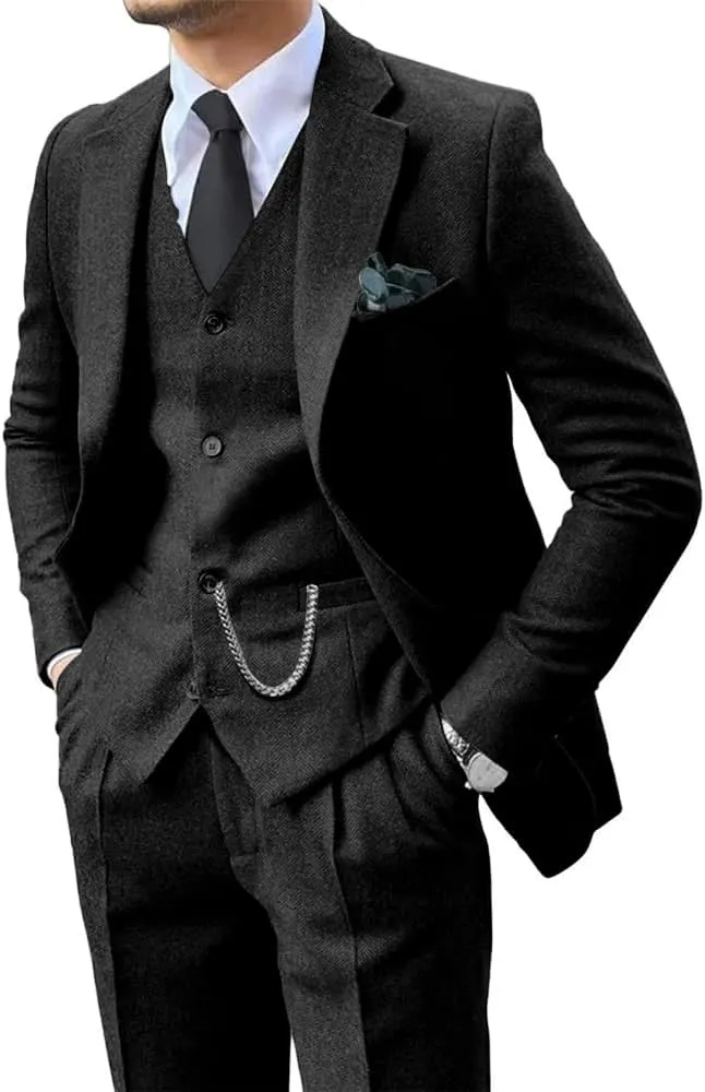 Mens Suit 3 Pieces Slim Fit Tweed Herringbone Retro Wool Suits Groom Tuxedos Prom Wedding Suits Jacket Blazer Vest Pants Sets