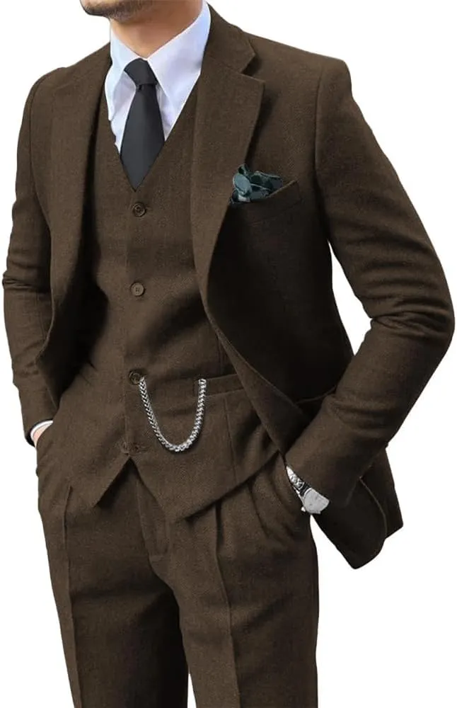 Mens Suit 3 Pieces Slim Fit Tweed Herringbone Retro Wool Suits Groom Tuxedos Prom Wedding Suits Jacket Blazer Vest Pants Sets