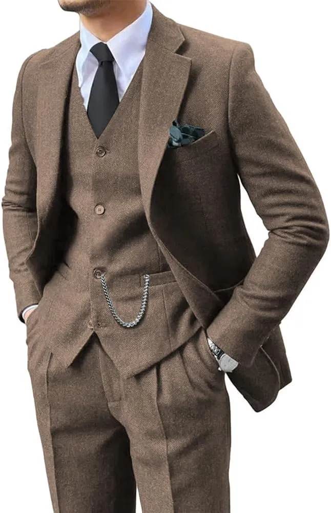 Mens Suit 3 Pieces Slim Fit Tweed Herringbone Retro Wool Suits Groom Tuxedos Prom Wedding Suits Jacket Blazer Vest Pants Sets