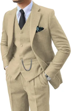 Mens Suit 3 Pieces Slim Fit Tweed Herringbone Retro Wool Suits Groom Tuxedos Prom Wedding Suits Jacket Blazer Vest Pants Sets